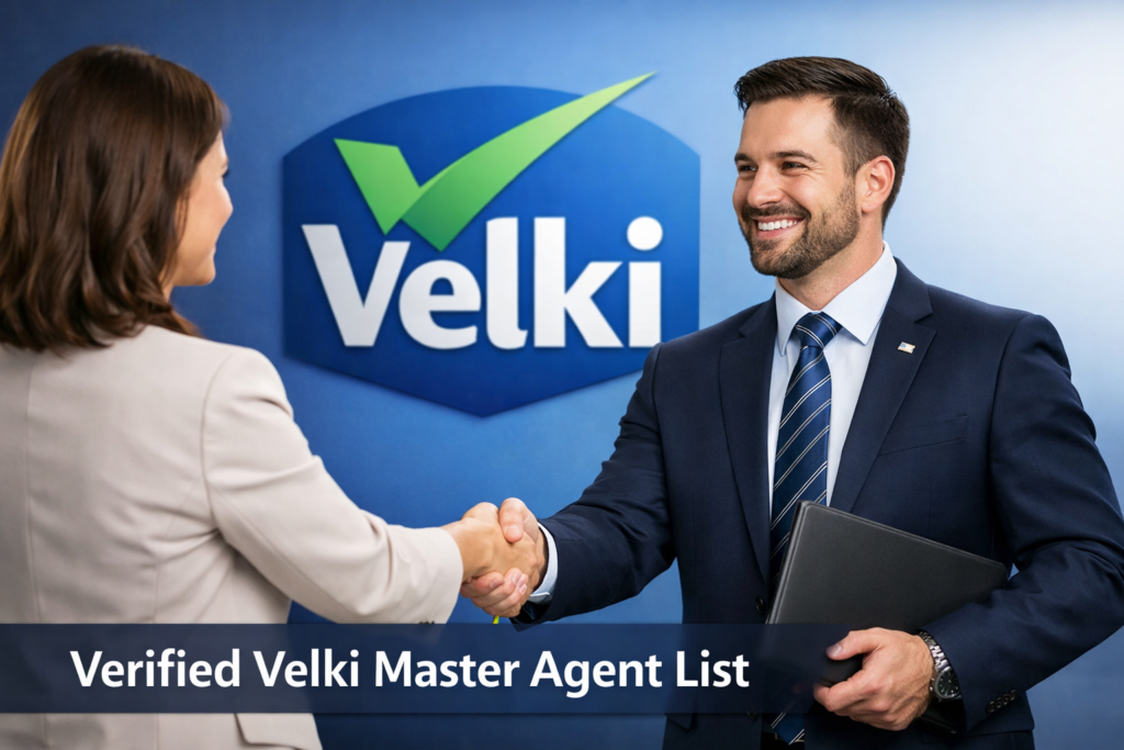 Business handshake with Velki branding